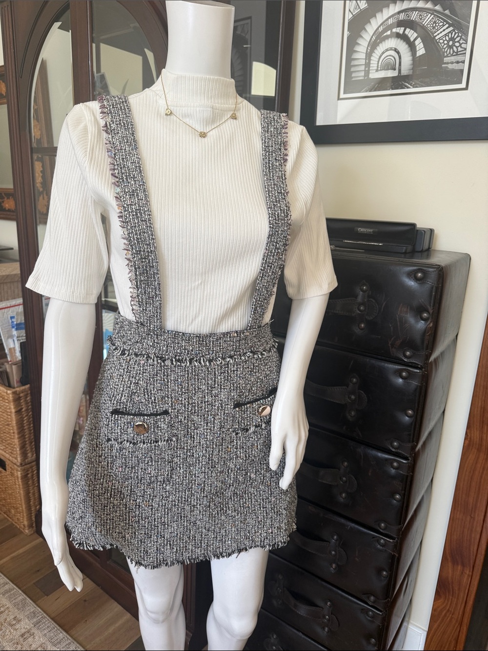 Bouclé Suspender Mini Skirt in Black & White
